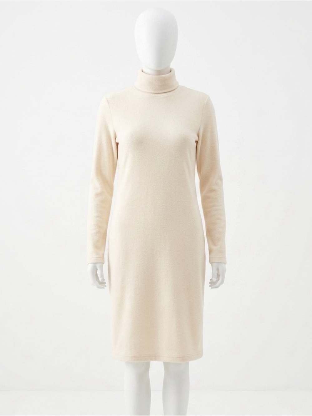 Boutique Cowl Turtleneck Long Sleeve 100% Cotton Knit Midi Dress in Cream